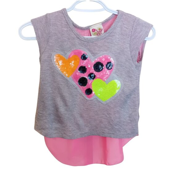 Y2K Kiddo Hearts Neon Sequin Mesh Back Crop Half Sleeve Top Mcbling Approx L - Picture 1 of 12